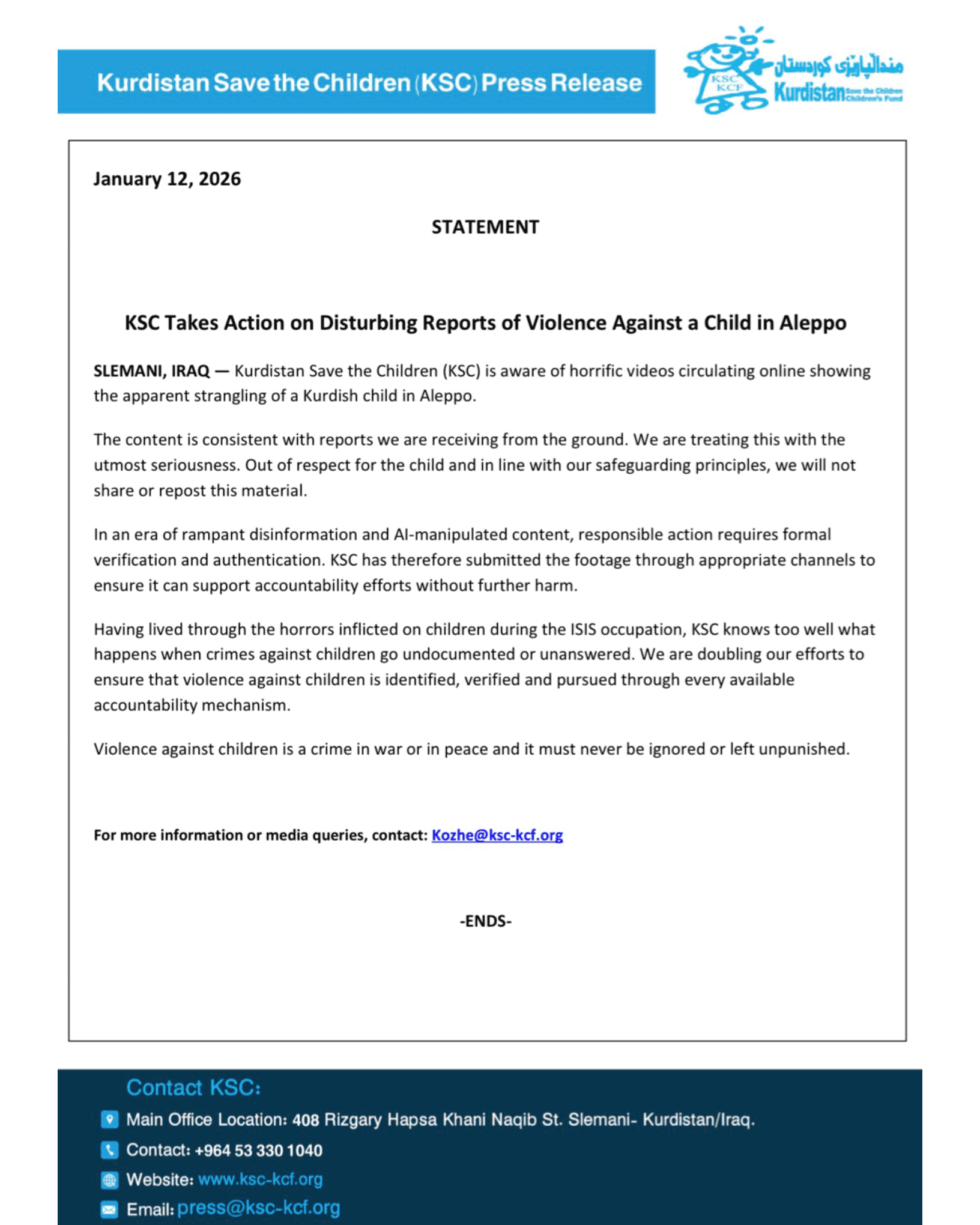 KSC Takes Action on Disturbing Reports of Violence Against a Child in Aleppo