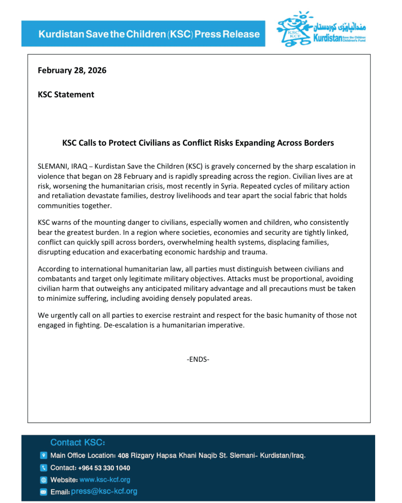 KSC Calls to Protect Civilians as Conflict Risks Expanding Across Borders